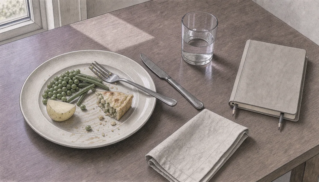 Partly eaten meal, water glass, cutlery and closed notebook on a plum-coloured dining table