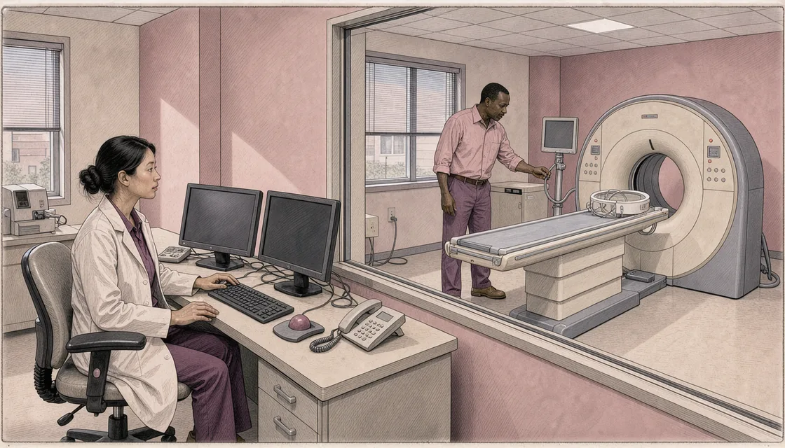 Technician and colleague in a control room overlooking an empty magnetic resonance scanner