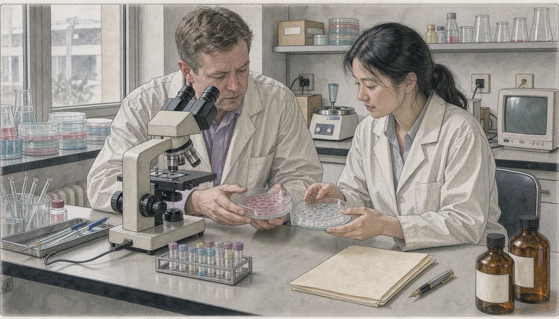 Two laboratory workers comparing culture dishes beside a microscope in an illustrated period laboratory