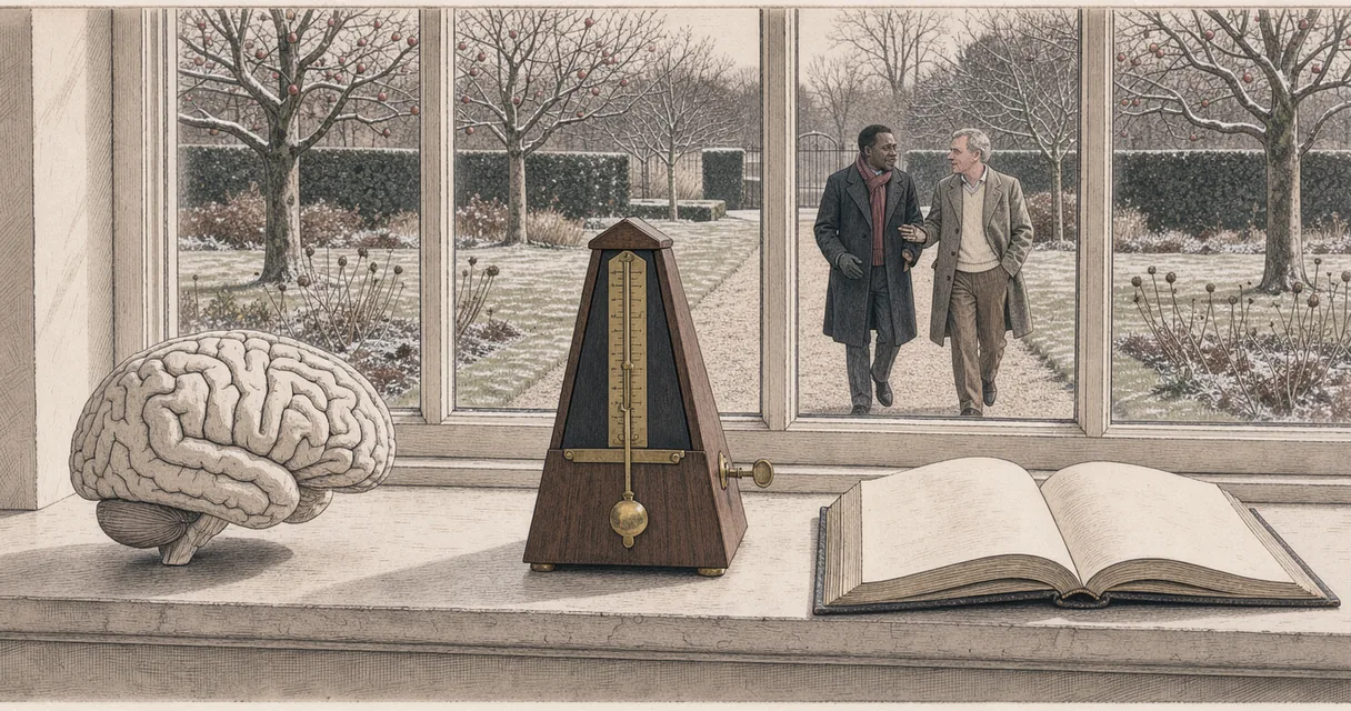 Brain model, metronome and open folio on a windowsill overlooking two men walking in a garden